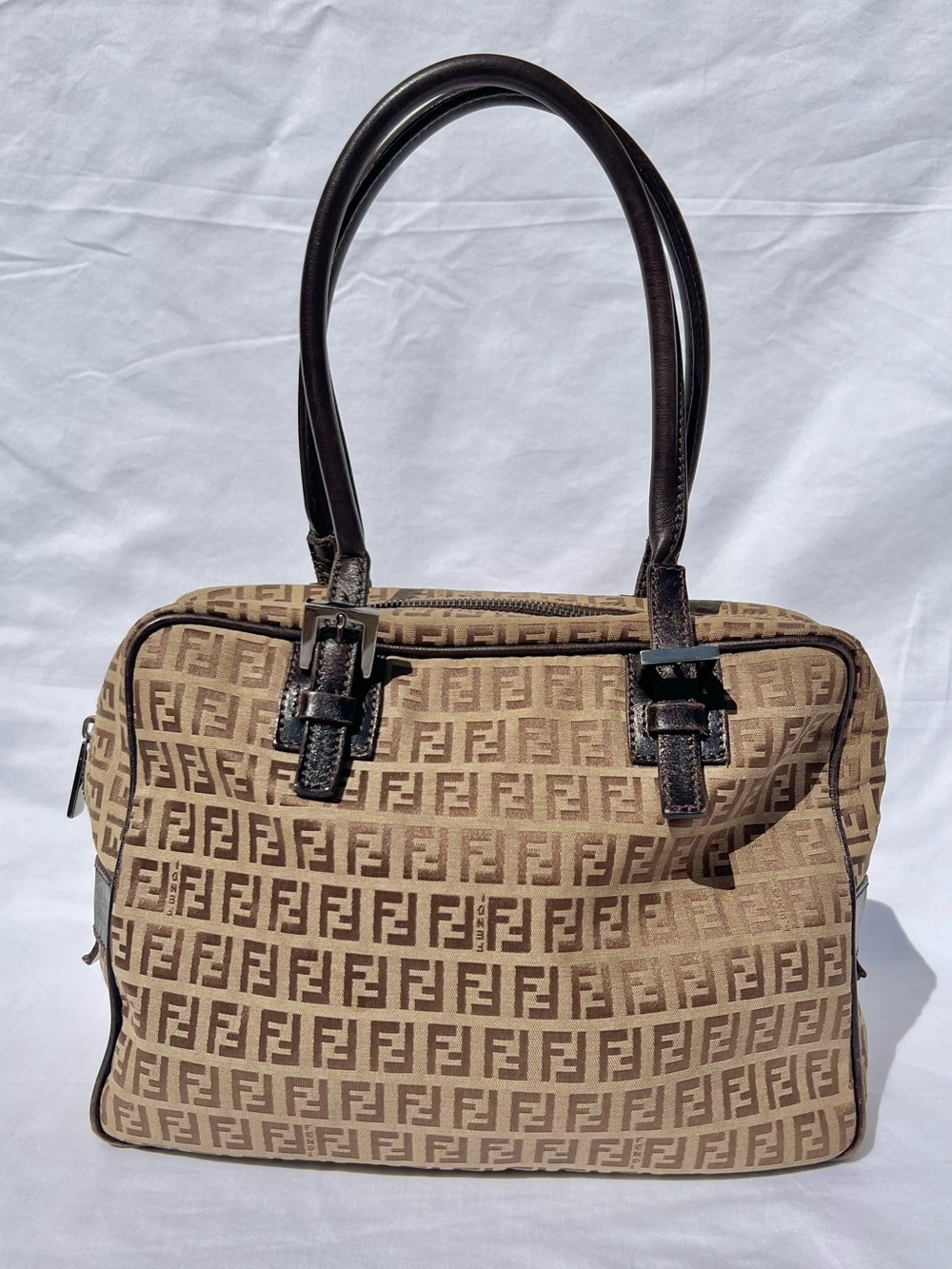 Vintage FENDI Zucca FF Tote Shoulder Bag Brown Canvas Leather Logo RARE
